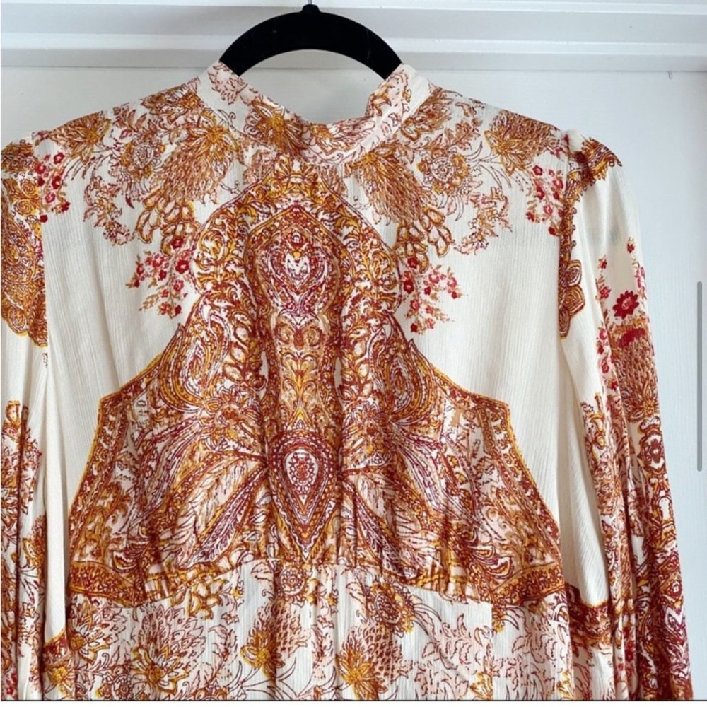 NWT FREE PEOPLE Lady Luck Tunic Dress Rust Ivory Open Back Tie Long Sleeve XS - Picture 6 of 12